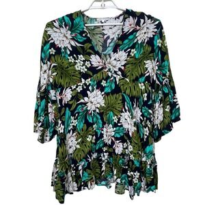 Label of Love Floral‎ Print Plunge Neck Bell Sleeve Tunic Mini Dress L Green